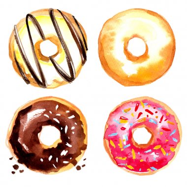 Beyaz zemin üzerine suluboya ile çörek boyalı. Beyaz bir arka plan üzerinde renkli hamur işleri. Tatlılar. Halka sır