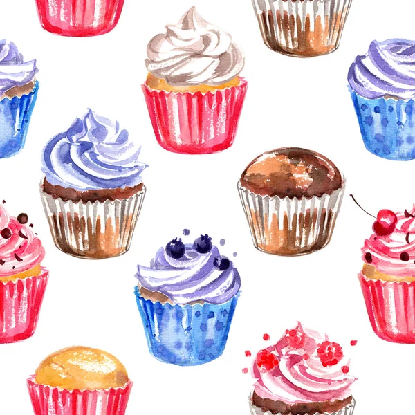 Padrão Cupcakes Pintados Com Aquarelas Sobre Fundo Branco Bolos Coloridos — Fotografia de Stock