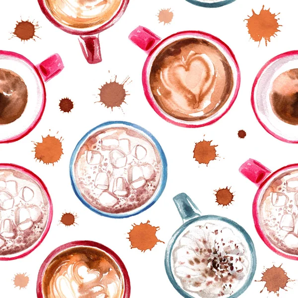在白色背景上涂上水彩的图案咖啡杯 饮料和糖果 抽象水彩斑点 咖啡的踪影 — 图库照片