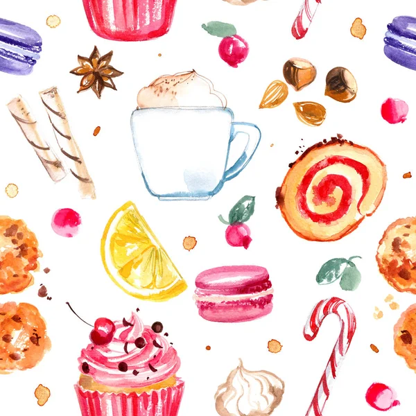 Wzór Candy Malowane Akwarela Pączki Makaroniki Kawa Jednolity Wzór Jedzenie — Zdjęcie stockowe