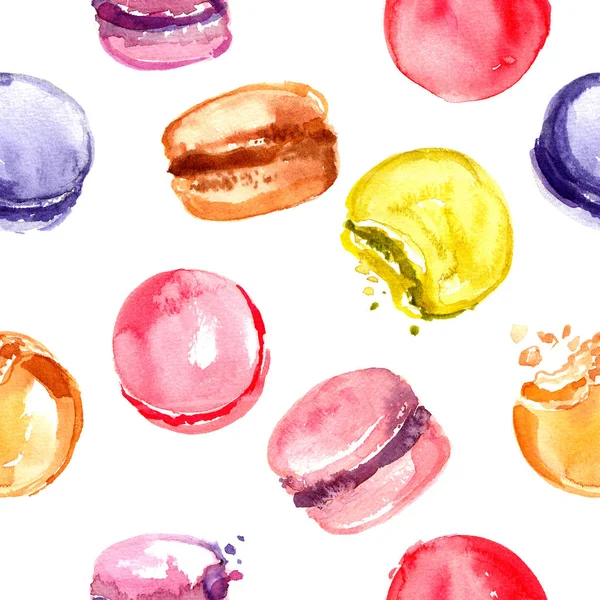 Conjunto Macaroons Pintados Com Aquarelas Sobre Fundo Branco Bolos Coloridos — Fotografia de Stock