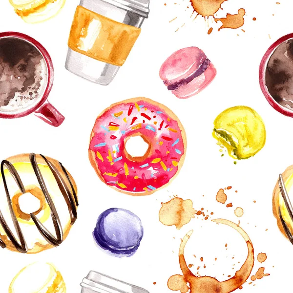 Padrão Aquarela Pintada Com Doces Donuts Macaroons Café Sem Costura — Fotografia de Stock