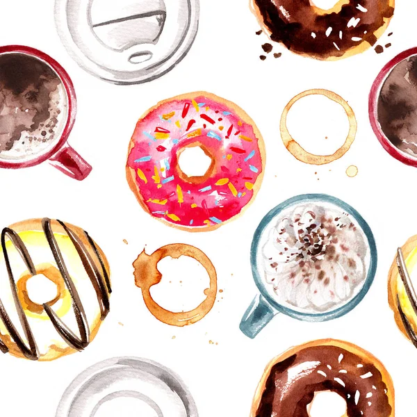 Padrão Aquarela Pintada Com Doces Donuts Café Sem Costura Alimentos — Fotografia de Stock