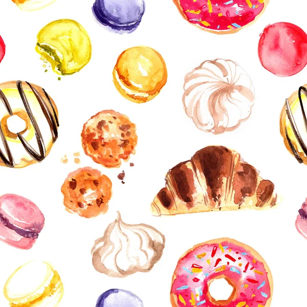 Padrão Aquarela Pintada Com Doces Donuts Macaroons Café Sem Costura — Fotografia de Stock