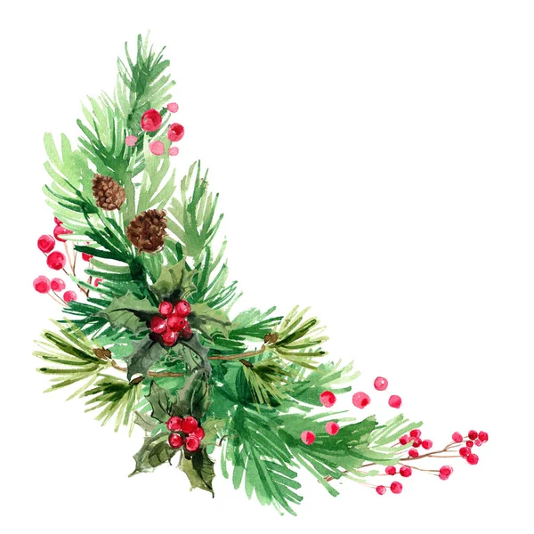 Noel çelengi. Beyaz arka planda suluboya boyayla boyanmış dallardan süsler. Ağaç dalları. Kırmızı böğürtlenli Holly sprigs.