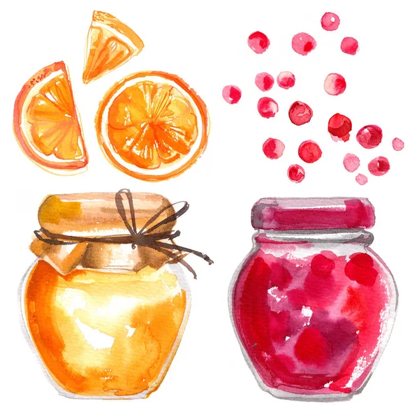在白色背景上用水彩涂上果酱的玻璃罐子 甜的收获 水果和糖果 — 图库照片