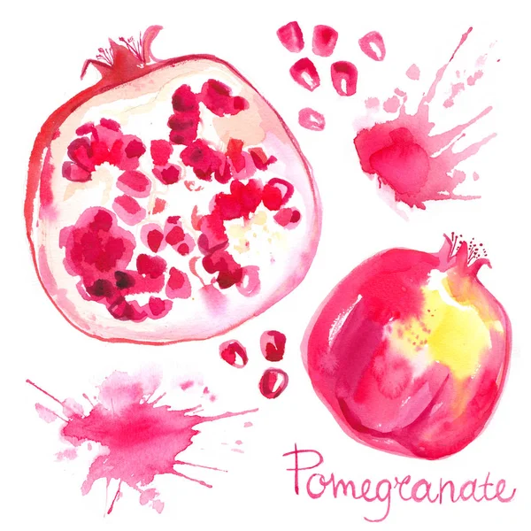 Granatäpple Målade Med Akvareller Vit Bakgrund Hälften Granatäpple Frukt Abstrakt — Stockfoto