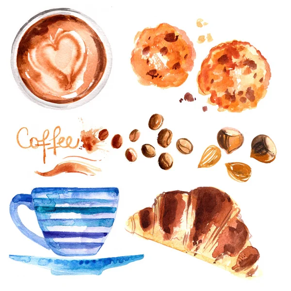Kaffeetasse Mit Aquarellen Auf Weißem Hintergrund Bemalt Getränke Und Süßigkeiten — Stockfoto
