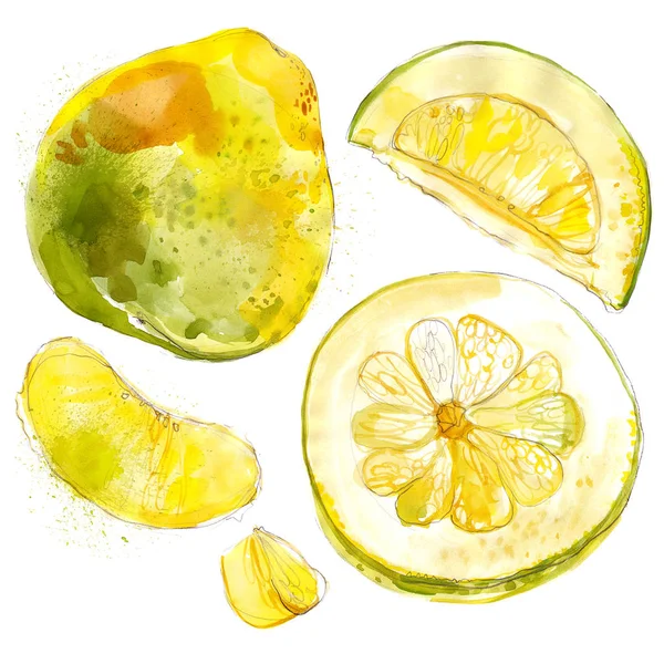 Limão Pintado Com Aquarelas Sobre Fundo Branco Fruta Aquarela Colorida — Fotografia de Stock