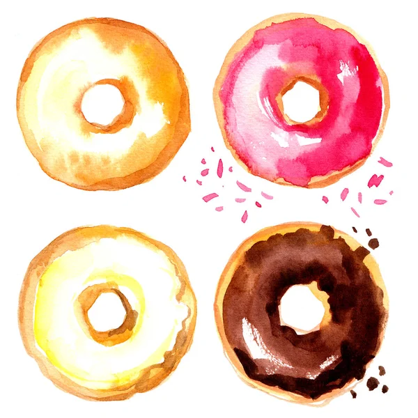 Donuts Mit Aquarellen Auf Weißem Hintergrund Farbiges Gebäck Auf Weißem — Stockfoto