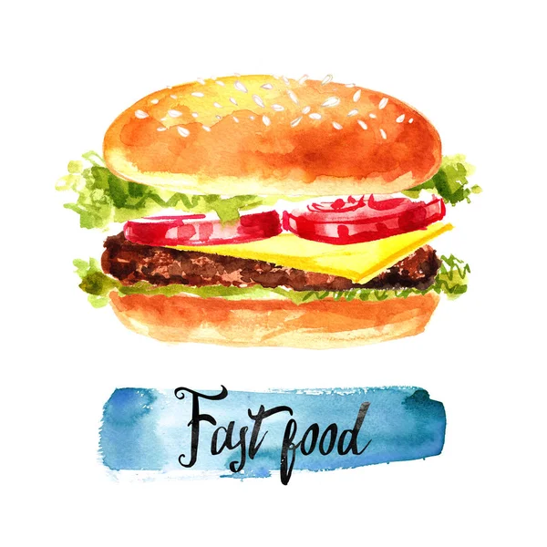 Burger Painted Watercolors White Background Sketch Simple Meal Fast Food — Stockfoto