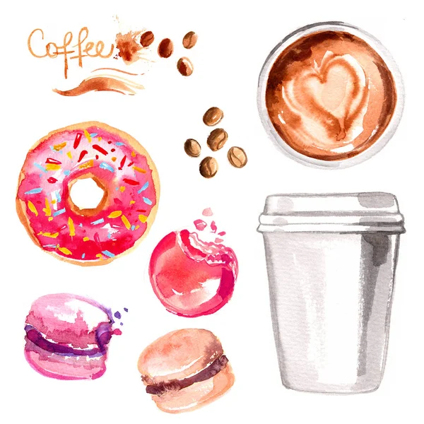 紙コップにコーヒーを白い背景に水彩で描いた 食品の色のスケッチ ファーストフード コーヒー お菓子 釉ドーナツ マカロン — ストック写真