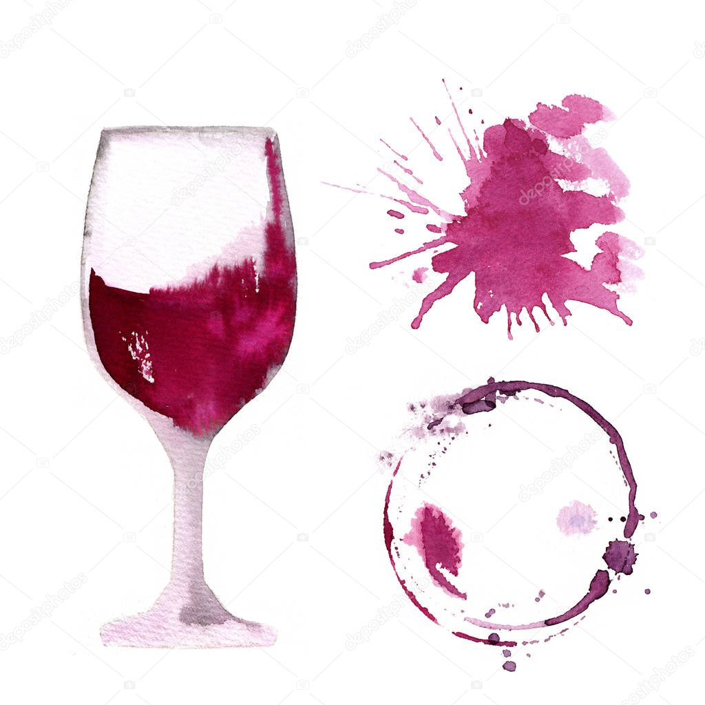 Wine glass painted with watercolors on white background