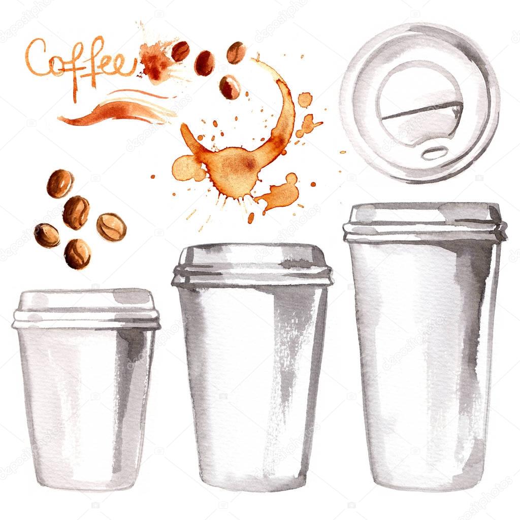 Coffee to go a paper cup painted with watercolors on white background. Sketch of food colors. Fast food, coffee, tea, breakfast