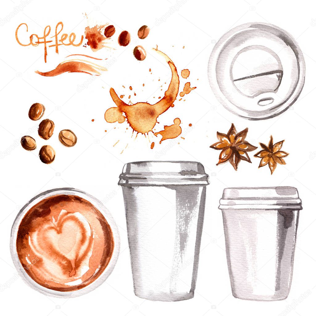 Coffee to go a paper cup painted with watercolors on white background. Sketch of food colors. Fast food, coffee, tea, breakfast