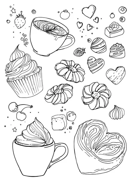 コーヒーやお菓子を描く — ストックベクタ