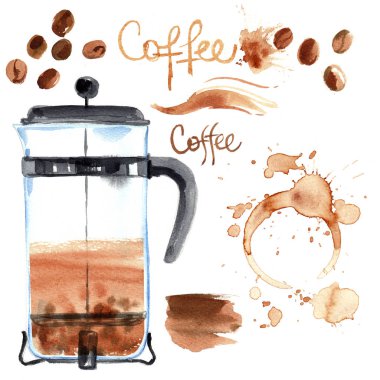 Fincan çay ve çilek, otlar, çilek ve çay yapılmış bir içki ayarla. Kahve basın. Çizim suluboya