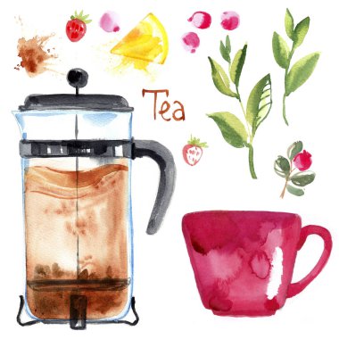 Fincan çay ve çilek, otlar, çilek ve çay yapılmış bir içki ayarla. Kahve basın. Çizim suluboya