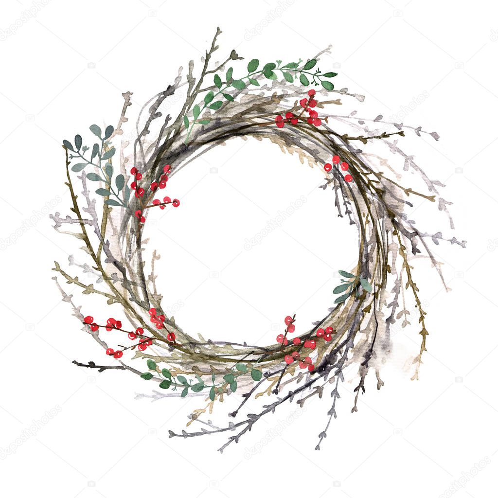 Spring wreath decor from the branches. Watercolor drawing flowers decoration. Green spring twigs and eggs