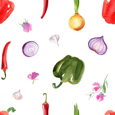 Örnek sebzeler. Patlıcan, domates, biber, soğan, beyaz arka planda tatlı bezelye suluboya çizimi. Yemek resimlerinin çizimi..