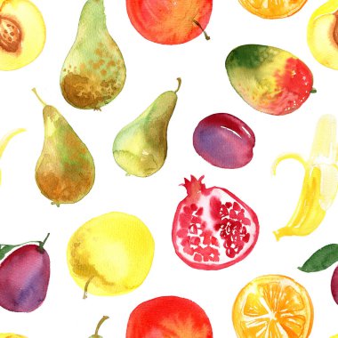 Meyveler. Yemek boyalarının çizimi. Ananas, nar, elma, limon, kivi, muz, limon, kiraz, ahududu suluboya beyaz zemin üzerine çizim. 