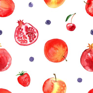 Meyveler. Yemek boyalarının çizimi. Ananas, nar, elma, limon, kivi, muz, limon, kiraz, ahududu suluboya beyaz zemin üzerine çizim. 