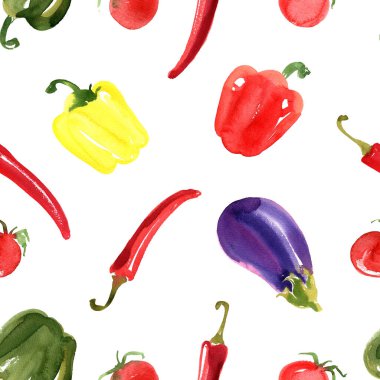 Örnek sebzeler. Patlıcan, domates, biber, soğan, beyaz arka planda tatlı bezelye suluboya çizimi. Yemek resimlerinin çizimi..