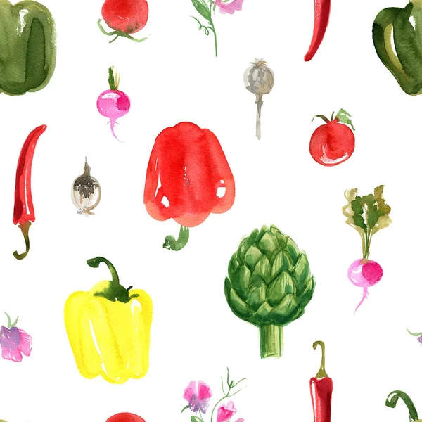 Sayuran Pola Terong Tomat Paprika Bawang Peas Manis Cat Air — Stok Foto