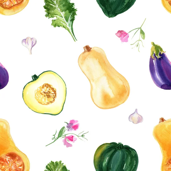 Patroongroenten Aubergine Tomaten Paprika Uien Zoete Erwten Aquarel Tekening Een — Stockfoto