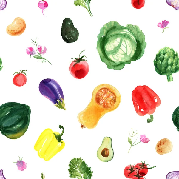 Motivo Verdure Melanzane Pomodori Peperoni Cipolle Piselli Dolci Acquerello Disegno — Foto Stock