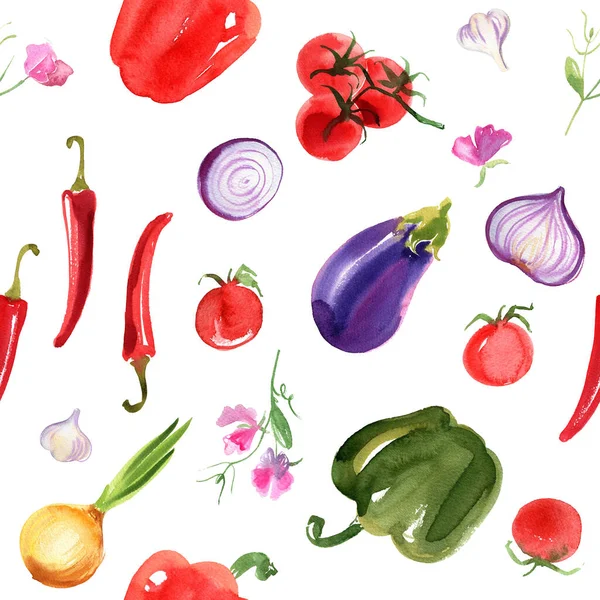 Patrón Verduras Berenjena Tomates Pimientos Cebollas Guisantes Dulces Acuarela Dibujo — Foto de Stock