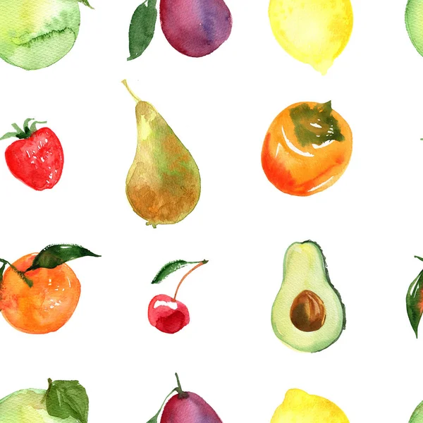 Fruits. Drawing of the paints of food. Pineapple, pomegranate, apple, lime, kiwi, banana, lemon, cherry, raspberry watercolor drawing on a white background.