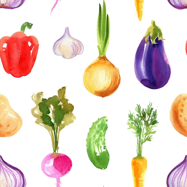 パターン野菜 トマト ピーマン 玉ねぎ 白い背景に甘いエンドウ豆の水彩画 食べ物の絵を描く — ストック写真