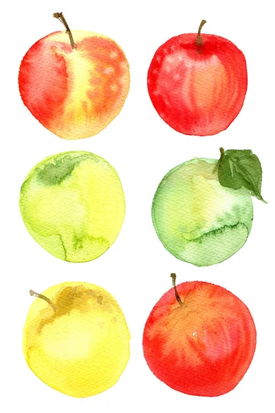 Jabłka Malowane Akwarelami Białym Papierze Kolorowy Szkic Owoców — Zdjęcie stockowe