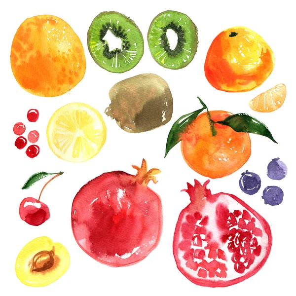 Fruits Drawing Paints Food Pineapple Pomegranate Apple Lime Kiwi Banana — Stockfoto