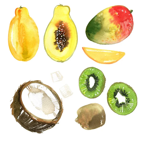 果物だ 食べ物の絵を描く パイナップル ザクロ リンゴ ライム キウイ バナナ レモン チェリー — ストック写真