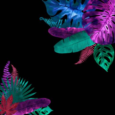 Tropik yapraklar neon suluboya siyah. Eğreltiotu, tesisatçı, yelpaze palmiyesi. Parlak pembe, turkuaz, mavi, mor renkler. Mesaj için çerçeve. Tebrik kartı