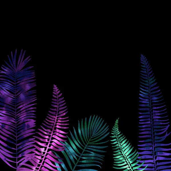 Tropical leaves neon watercolor black. Ferns, fitter, fan palm. Bright pink, turquoise, blue, purple colors. Frame for text. Greeting card