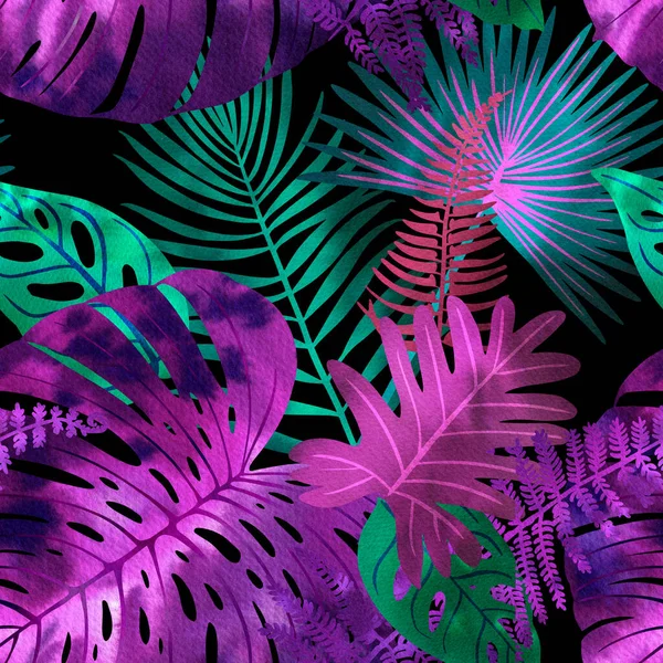 Tropical leaves neon watercolor black. Ferns, fitter, fan palm. Bright pink, turquoise, blue, purple colors. Frame for text. Greeting card