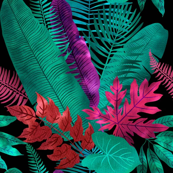 Tropical leaves neon watercolor black. Ferns, fitter, fan palm. Bright pink, turquoise, blue, purple colors. Frame for text. Greeting card