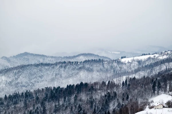 Montagnes dans le brouillard, recouvertes de neige — Photo