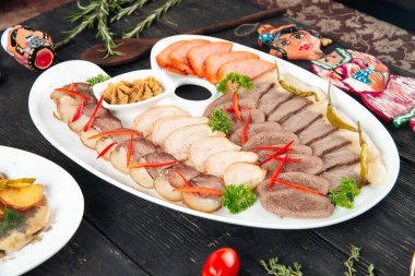 Asian meat sausage appetizer set beef tongue kazy  clipart