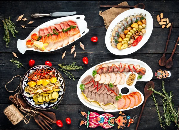 Festival appetizer cuttings meat fish pickles — Stock Image Festival appetizer cuttings meat fish pickles Royalty Free Stock Images