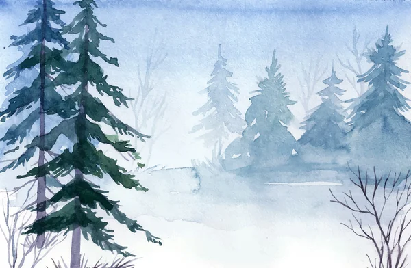 Winterlandschap. Aquarel landschap illustratie. Kerstmis b — Stockvector