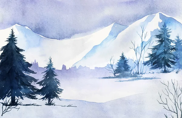 Winter landscape. Watercolor landscape illustration. Christmas b — Stock Vector