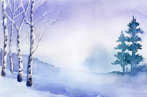 Winterlandschap. Aquarel landschap illustratie. Kerstmis b — Stockvector