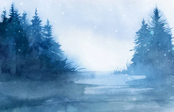 Paysage hivernal. Illustration paysage aquarelle. Noël b — Image vectorielle