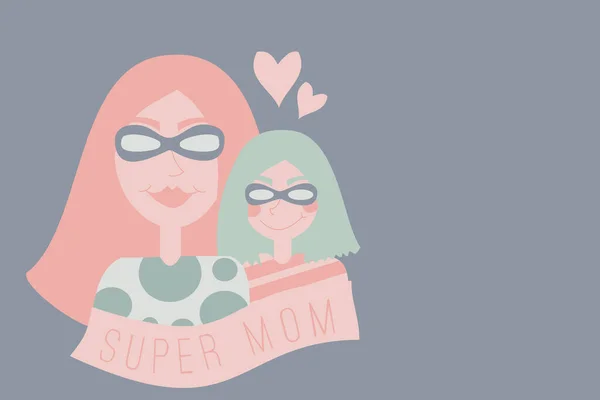 Süper Anne Çizimi Anne Kızı Süper Kahraman Kostümü Giyiyorlar Anneler — Stok fotoğraf