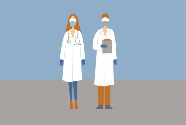 Tıbbi maskeli birkaç doktor karakter. Tıp doktoru, hemşire, cerrah, hastane çalışanları, bir grup sağlık görevlisi. Coronavirus 2019 2020