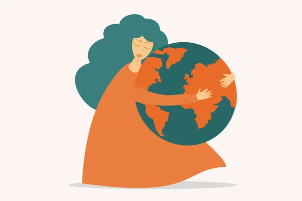 Illustration of a woman hugging the earth - Save our planet, Environment activist